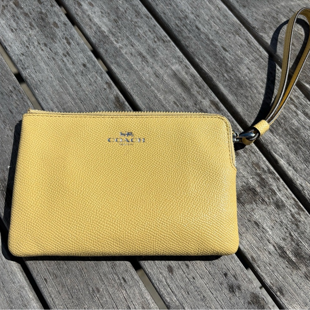 Coach Yellow Pebbled Leather Wristlet Zip Pouch Clutch